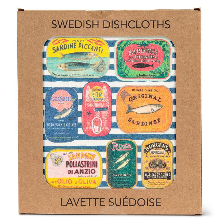 Sardine Tins on Stripes Dishcloth