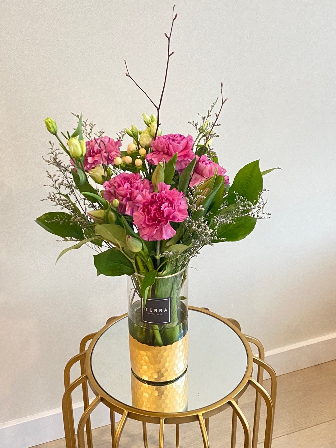 Vintage Carnation arrangement in Gold vase