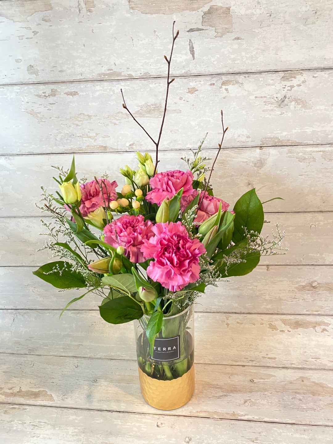 Vintage Carnation arrangement in Gold vase